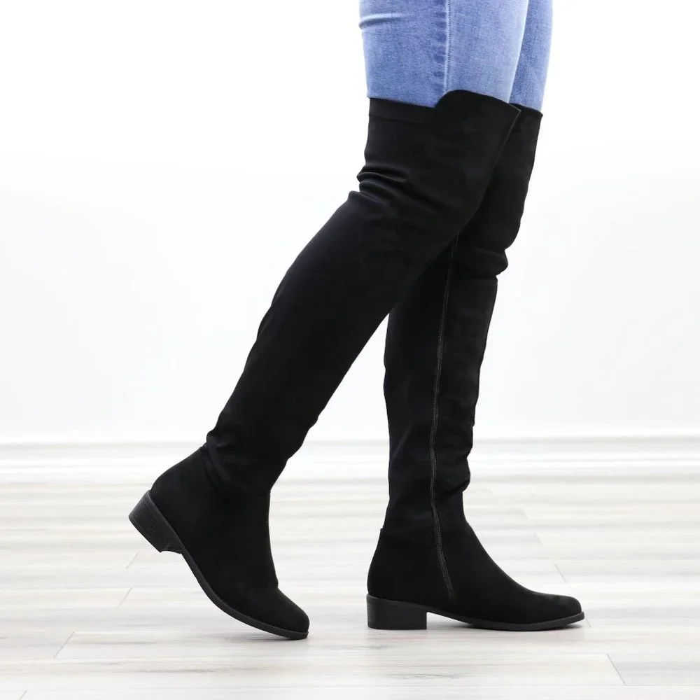 Low Heel Thigh High Boots Womens Over The Knee Suede & Stretchy Material Mix - Picture 14 of 14
